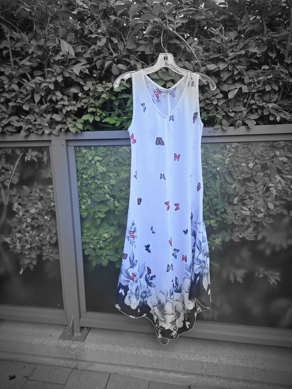 Cotton/linen Italian Sleeveless Asymmetrical Butterfly & Floral Dress - White